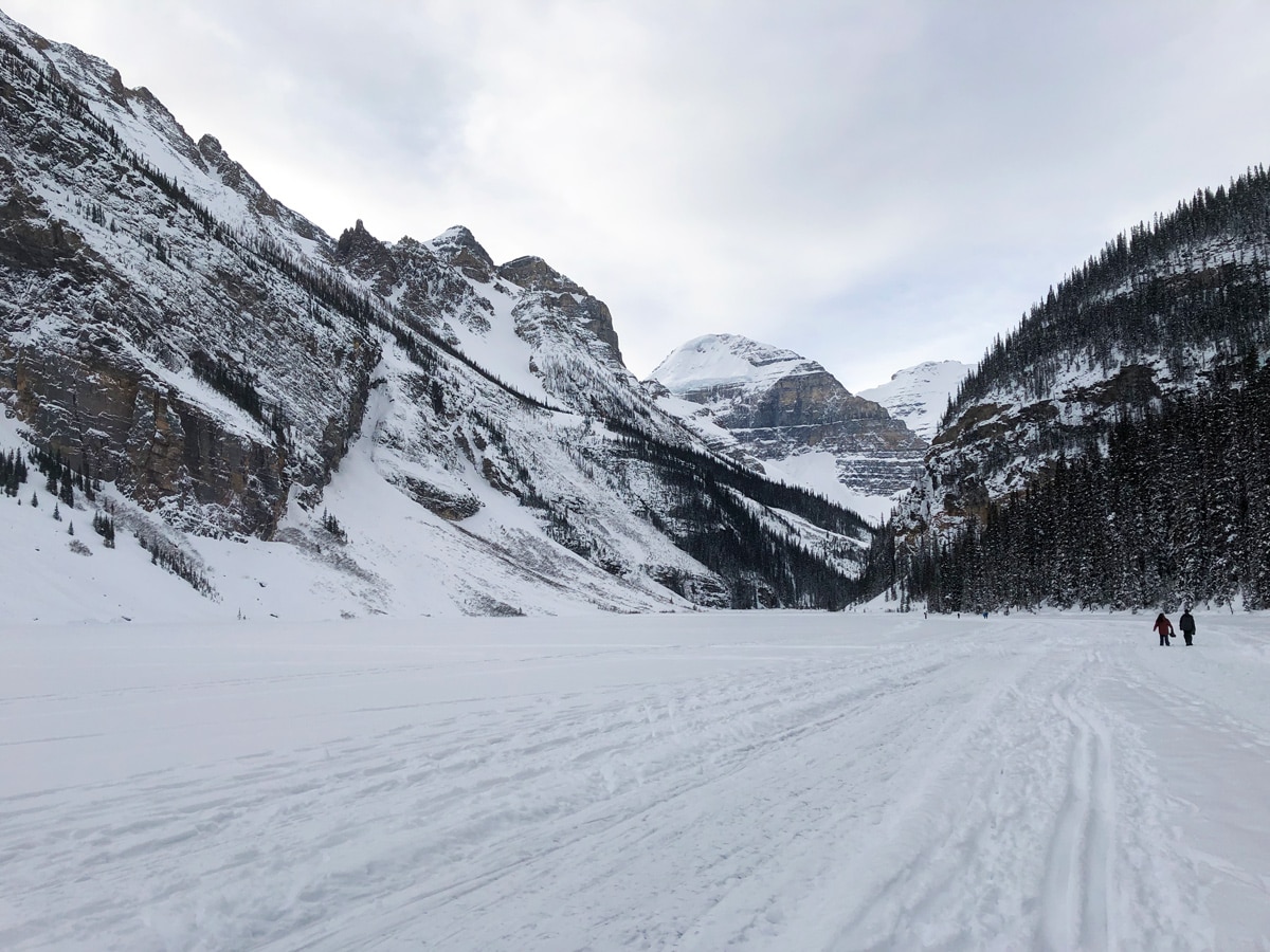 Snowy views on Lake Louise Lakeshore XC ski trail in Banff National Park