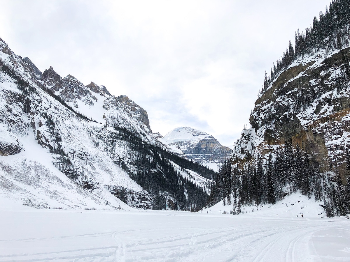 Stunning scenery on Lake Louise Lakeshore XC ski trail in Banff National Park