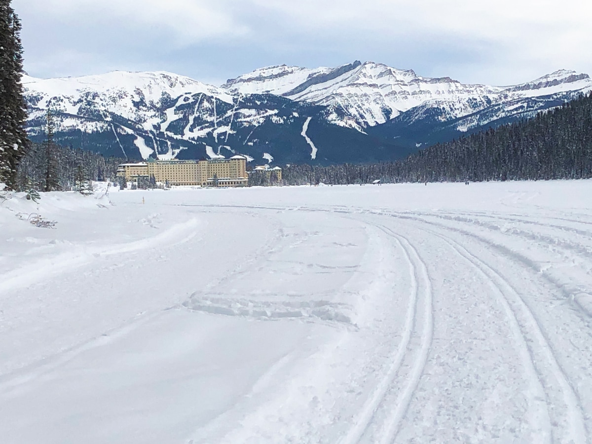 Track of Lake Louise Lakeshore XC ski trail in Banff National Park