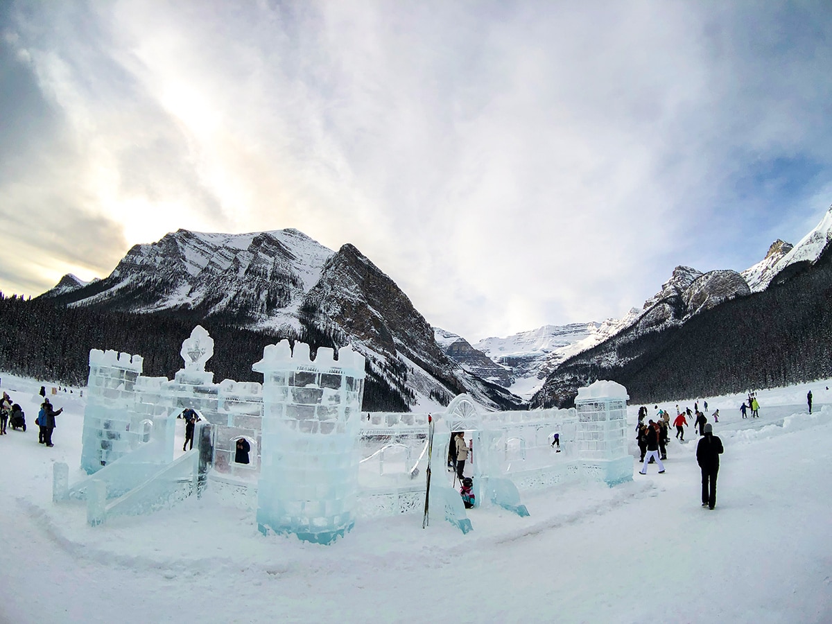 Winter ice castle on Lake Louise Lakeshore XC ski trail in Banff National Park
