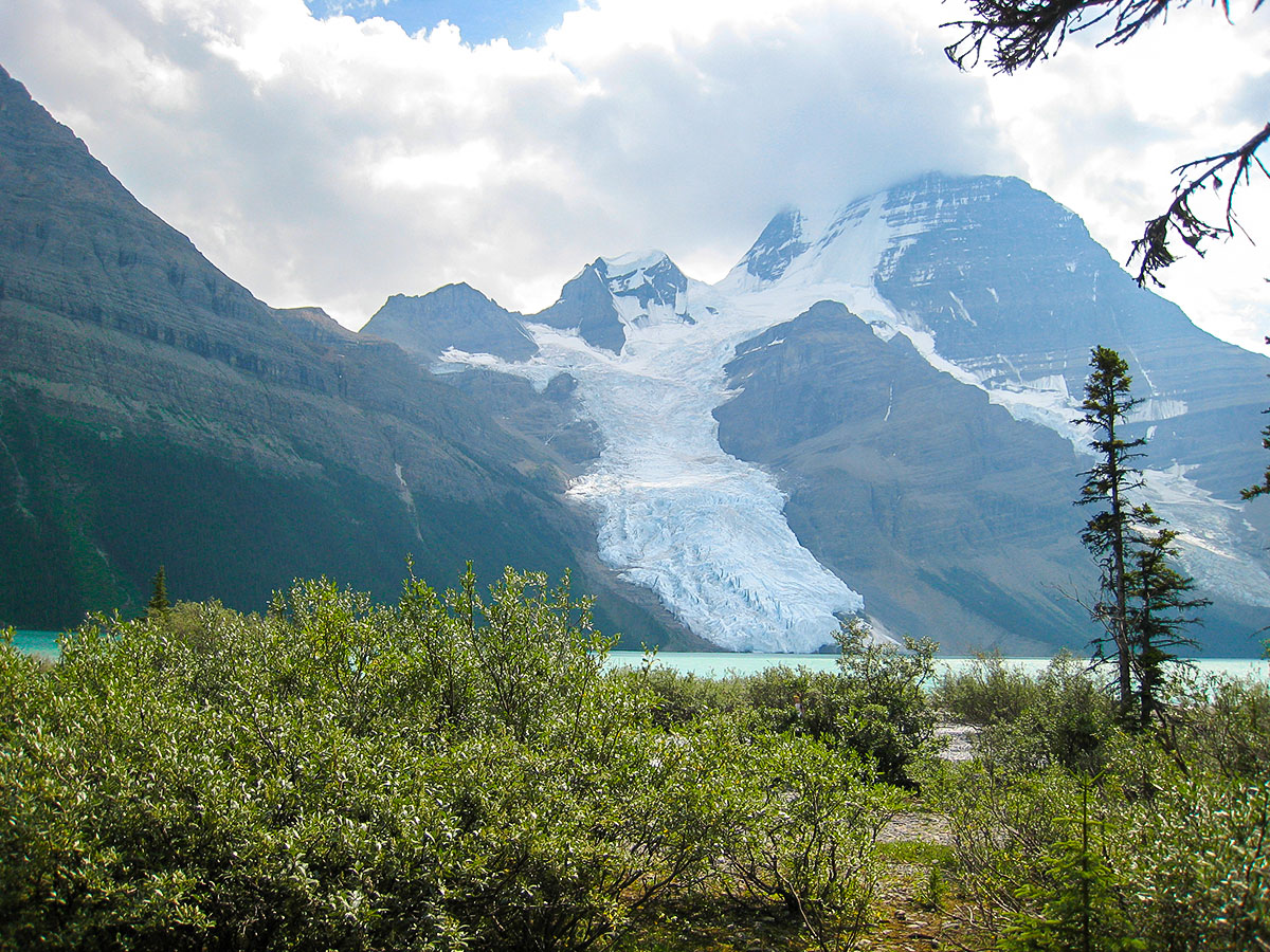 Mount Robson and Berg Glacier on Berg Lake backpacking trail in Jasper National Park