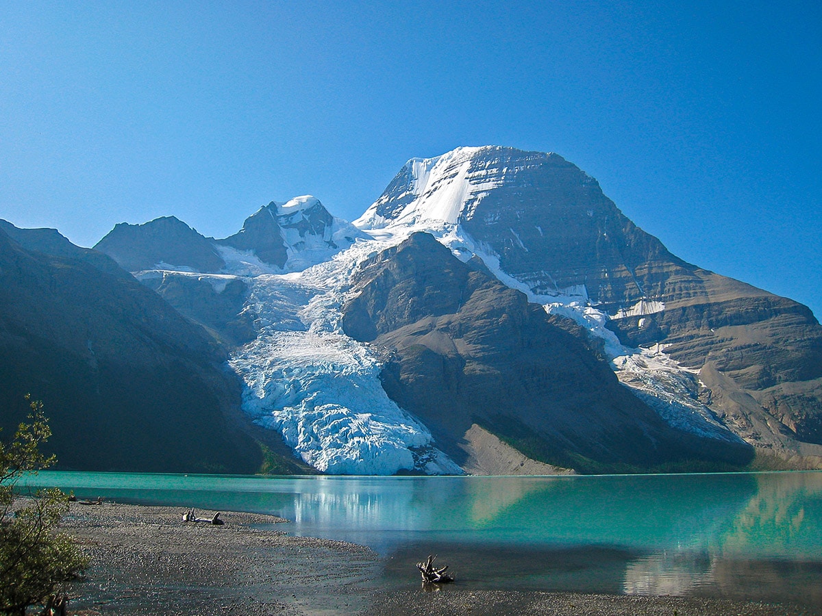 Lake view on Berg Lake backpacking trail in Jasper National Park