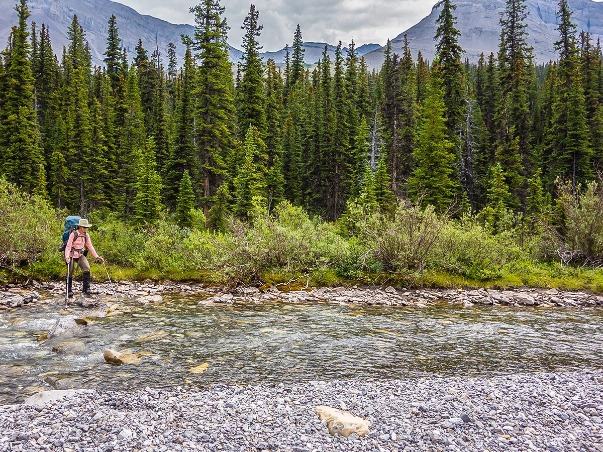 Crossing Cardinal River on Cairn Pass backpacking trail in Jasper National Park