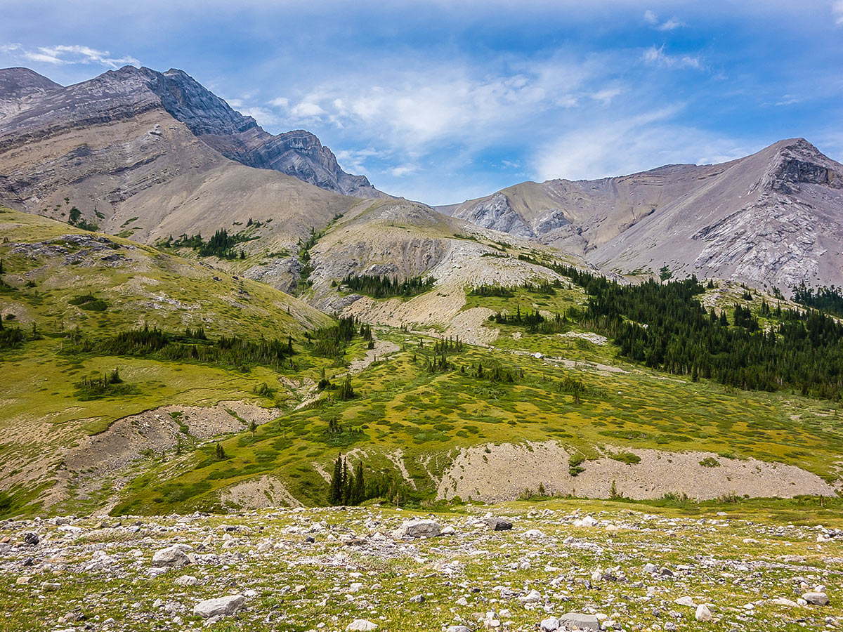 Views from Rocky Pass on Cairn Pass backpacking trail in Jasper National Park