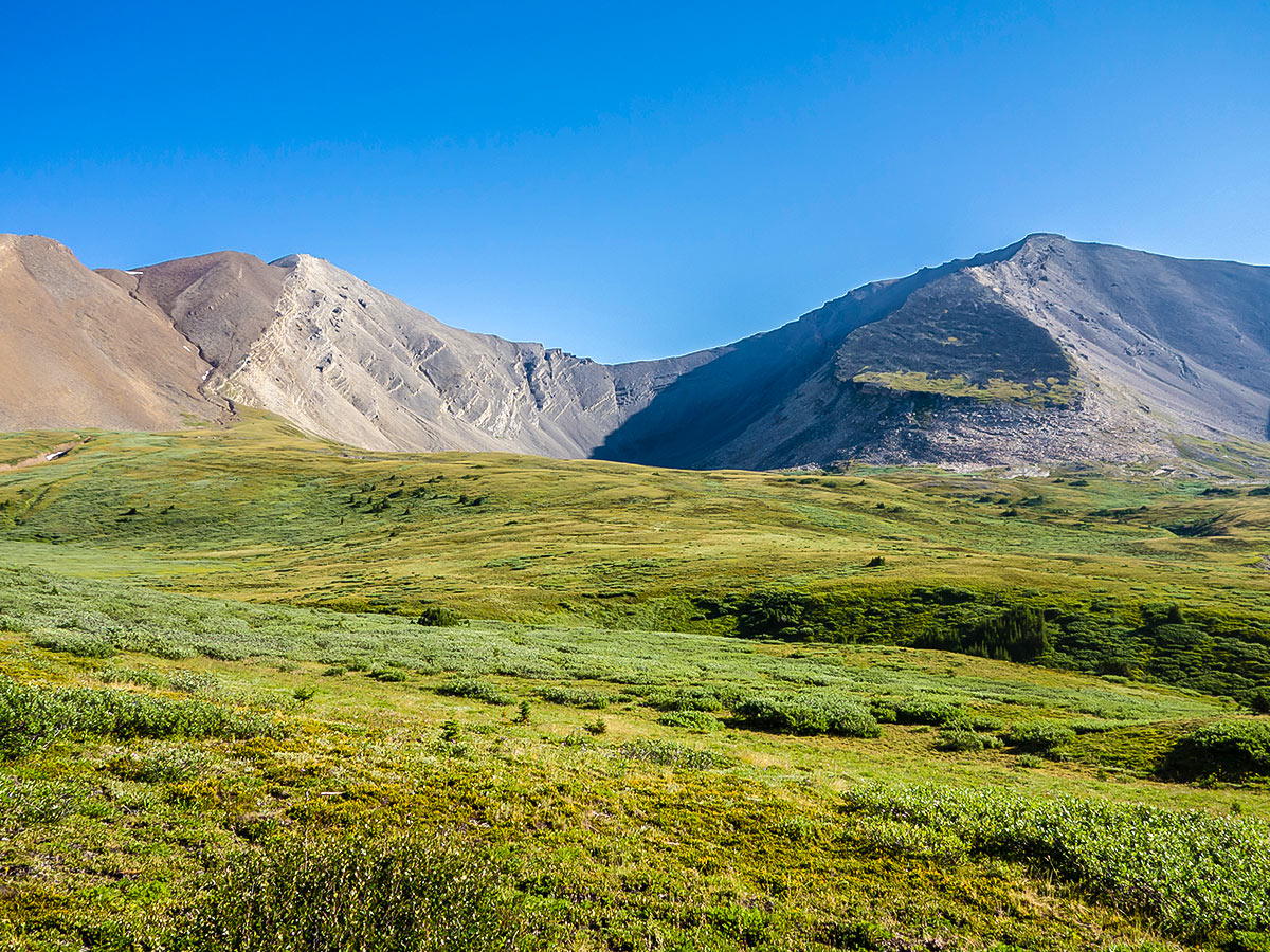 Views east across the meadows on Cairn Pass backpacking trail in Jasper National Park