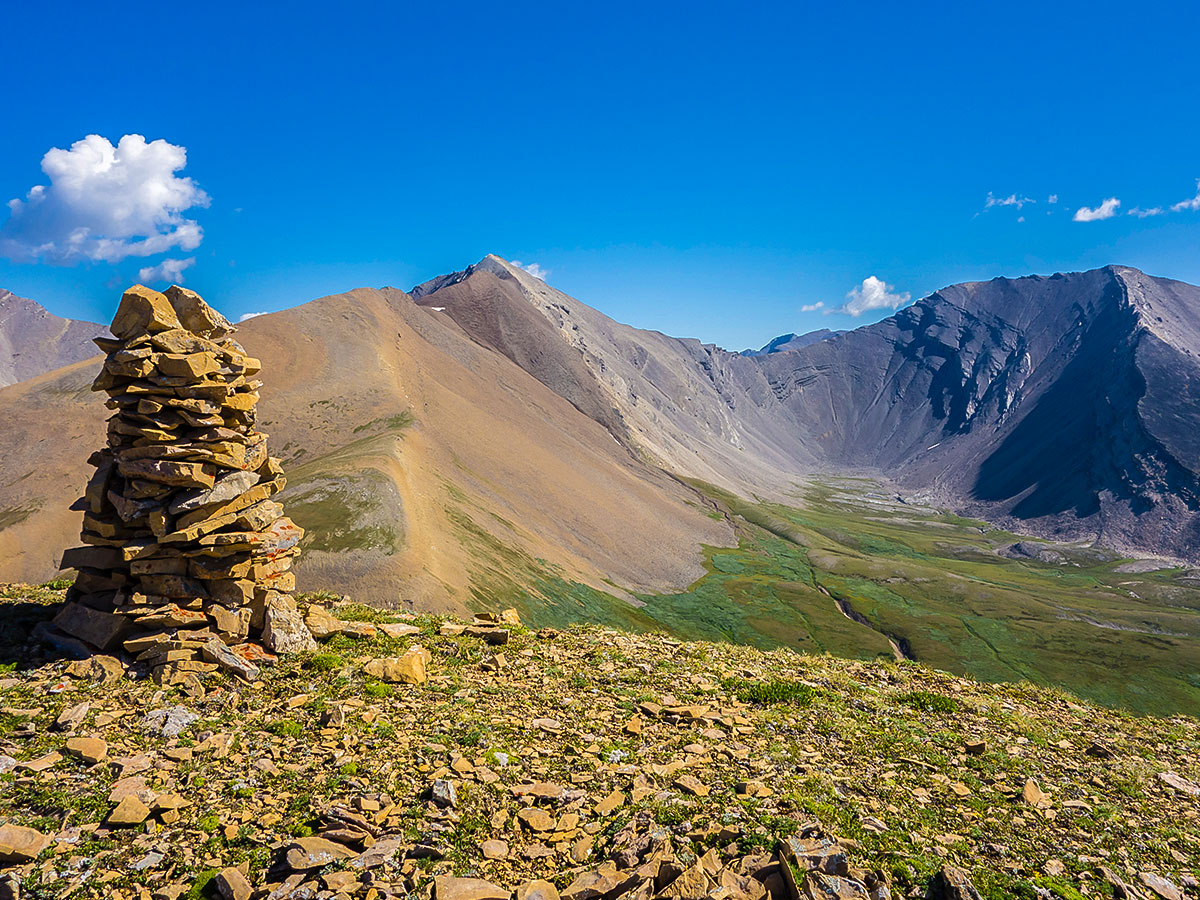 Summit on Suthesk Cairn on Cairn Pass backpacking trail in Jasper National Park