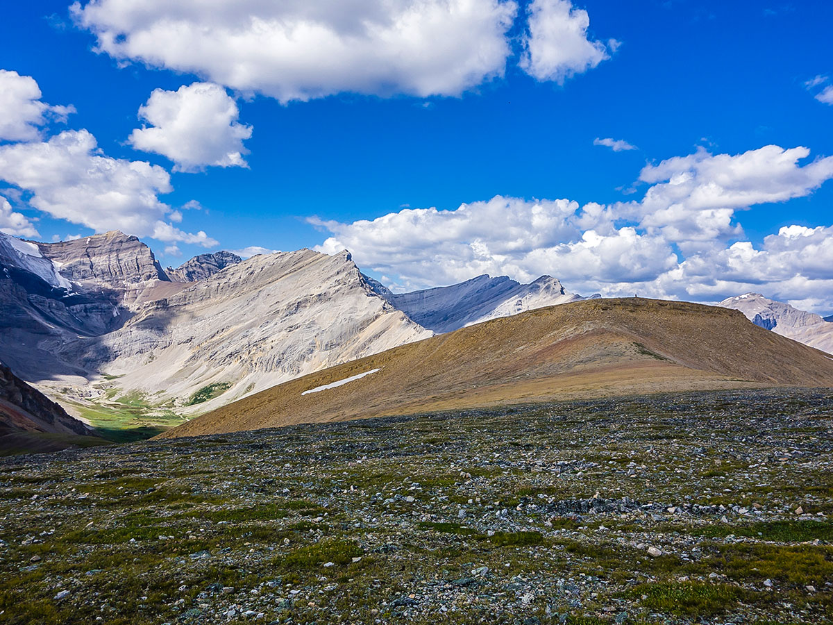 Looking on the northern summit on Cairn Pass backpacking trail in Jasper National Park