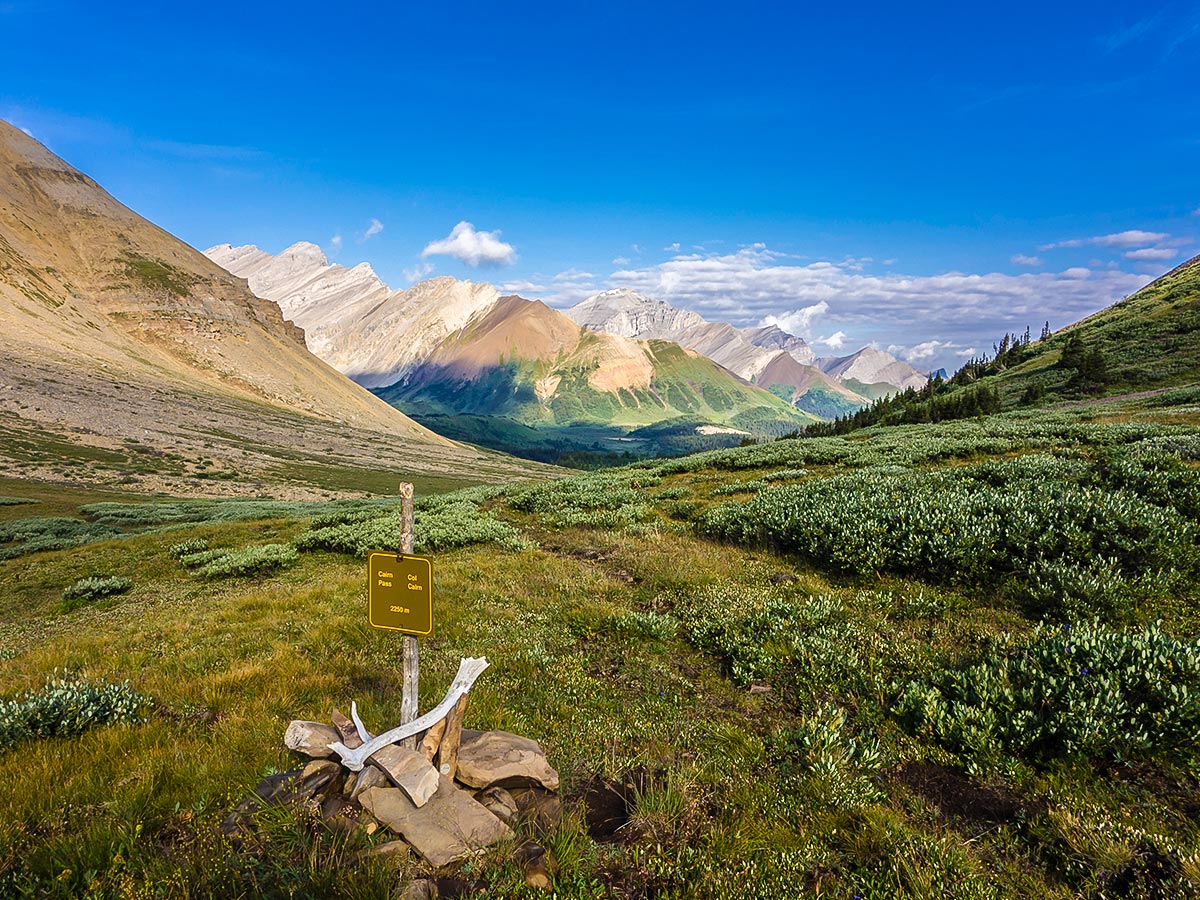 Heading north over the pass on Cairn Pass backpacking trail in Jasper National Park