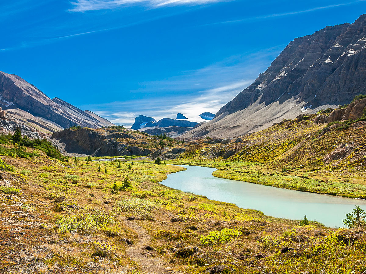 Upper Brazeau River view on Nigel, Cataract and Cline Pass backpacking trail in Jasper National Park