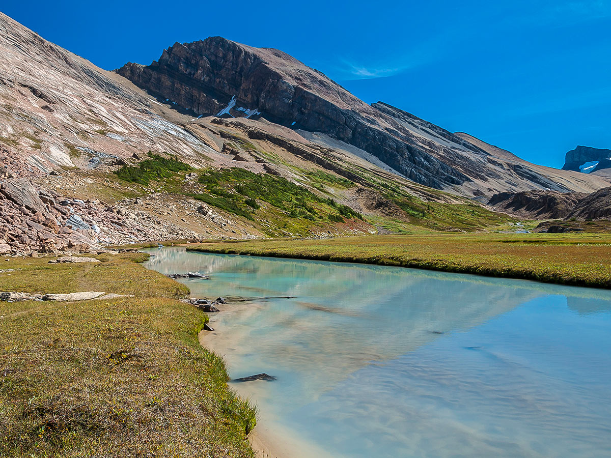 Blue water on Nigel, Cataract and Cline Pass backpacking trail in Jasper National Park