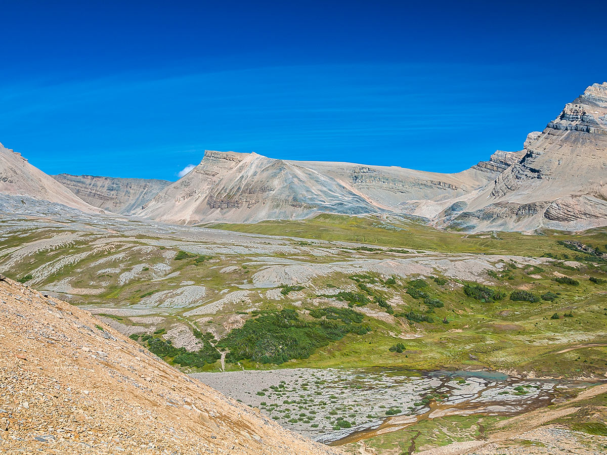 Upper Cataract Creek Valley on Nigel, Cataract and Cline Pass backpacking trail in Jasper National Park