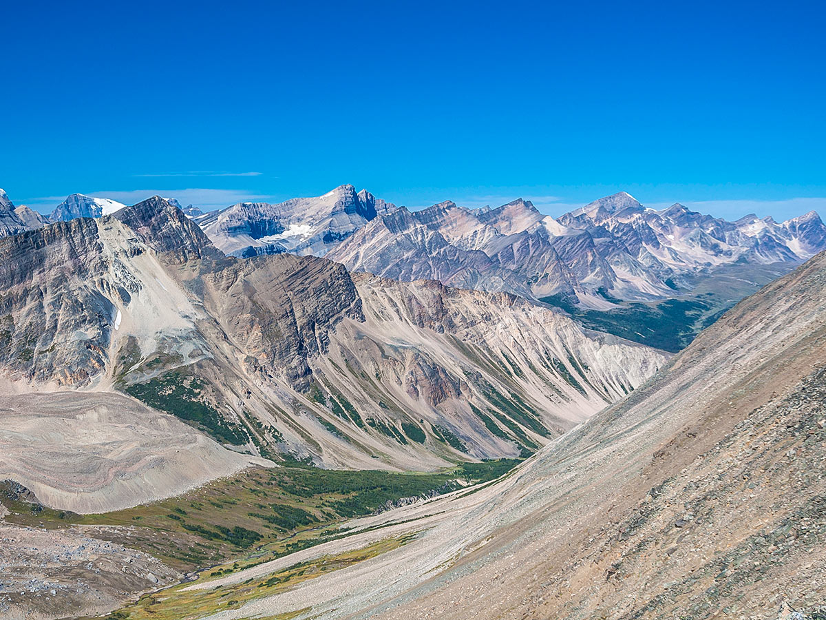 View northwest on Nigel, Cataract and Cline Pass backpacking trail in Jasper National Park