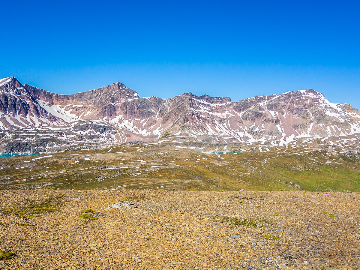 Looking down from Maligne Pass and Replica Peak backpacking trail in Jasper National Park