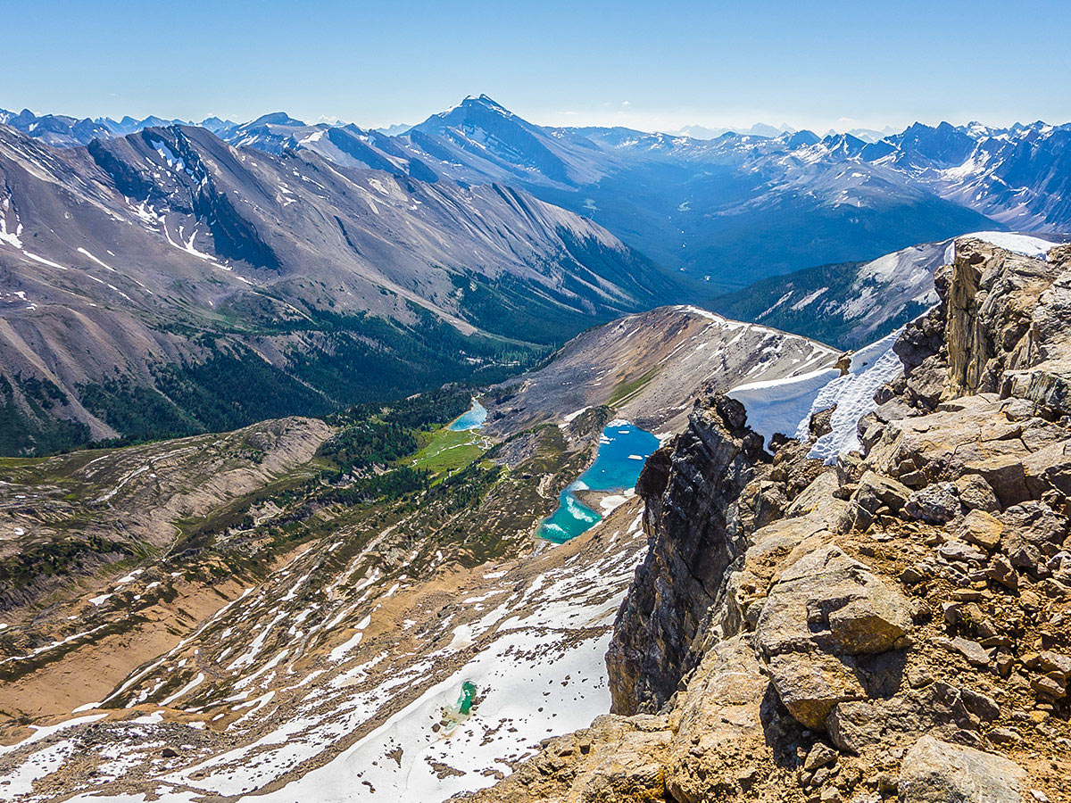 Steep scramble on Maligne Pass and Replica Peak backpacking trail in Jasper National Park