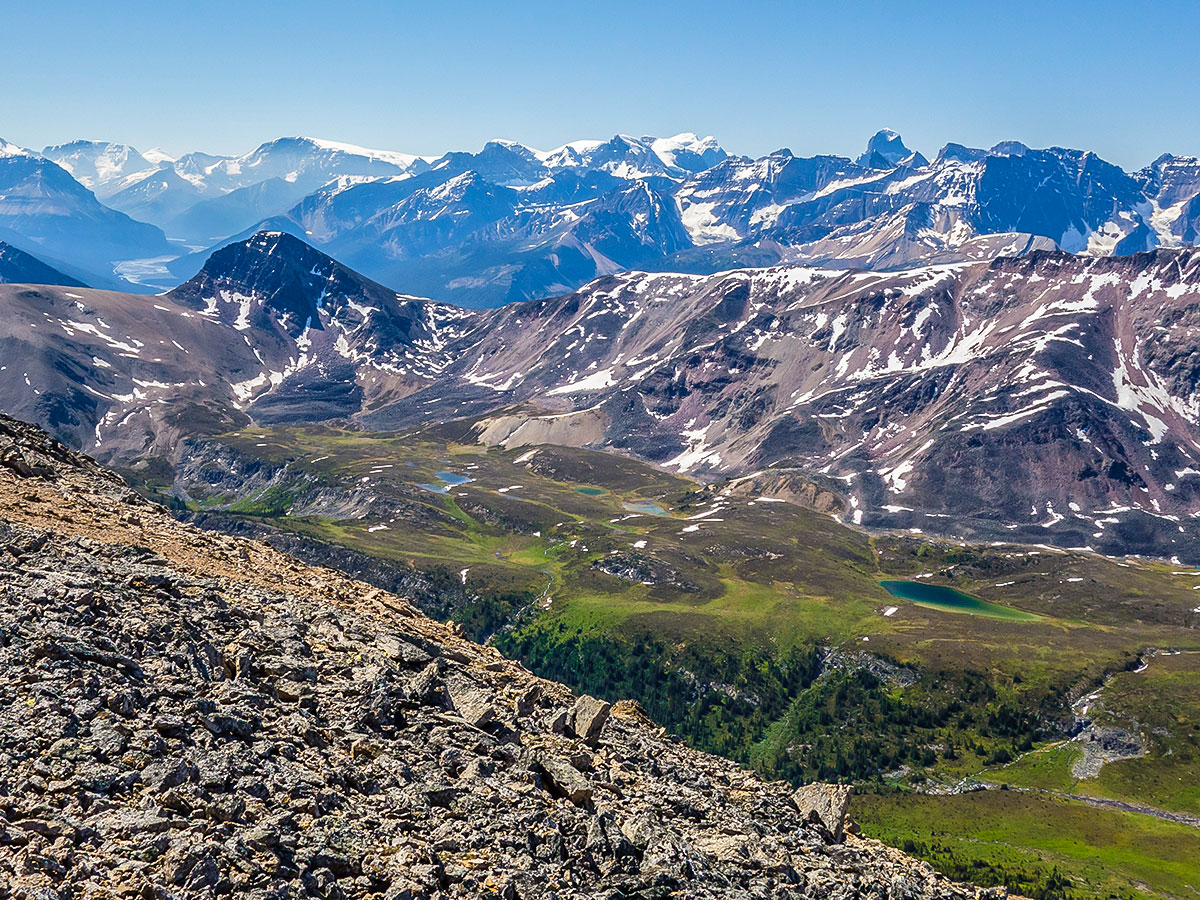 Pretty view of Maligne Pass and Replica Peak backpacking trail in Jasper National Park