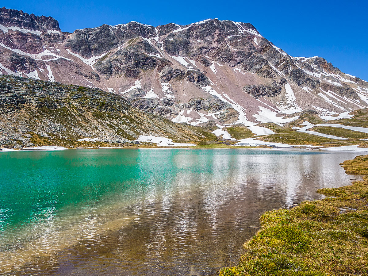 Beautiful lake on Maligne Pass and Replica Peak backpacking trail in Jasper National Park