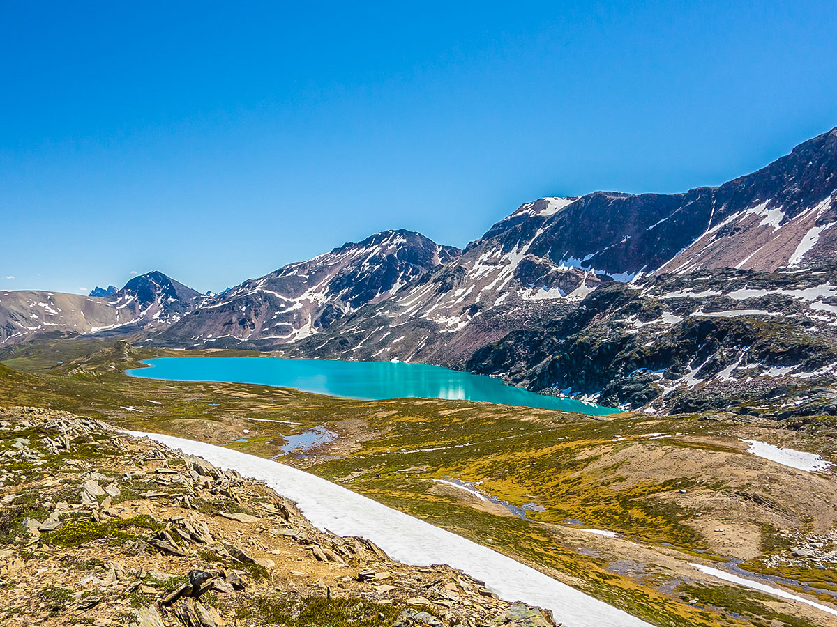 Big unnamed turquoise lake on Maligne Pass and Replica Peak backpacking trail in Jasper National Park