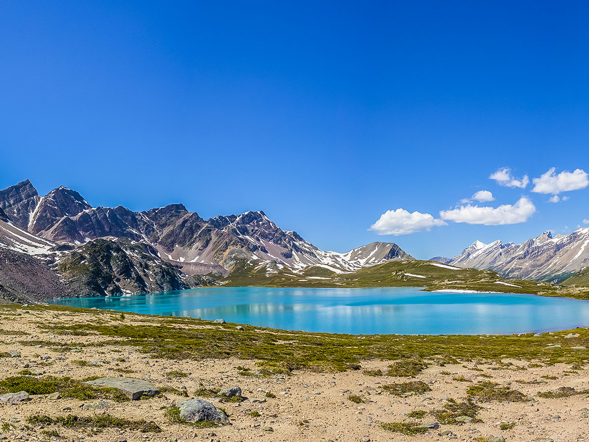 Lake on Maligne Pass and Replica Peak backpacking trail in Jasper National Park