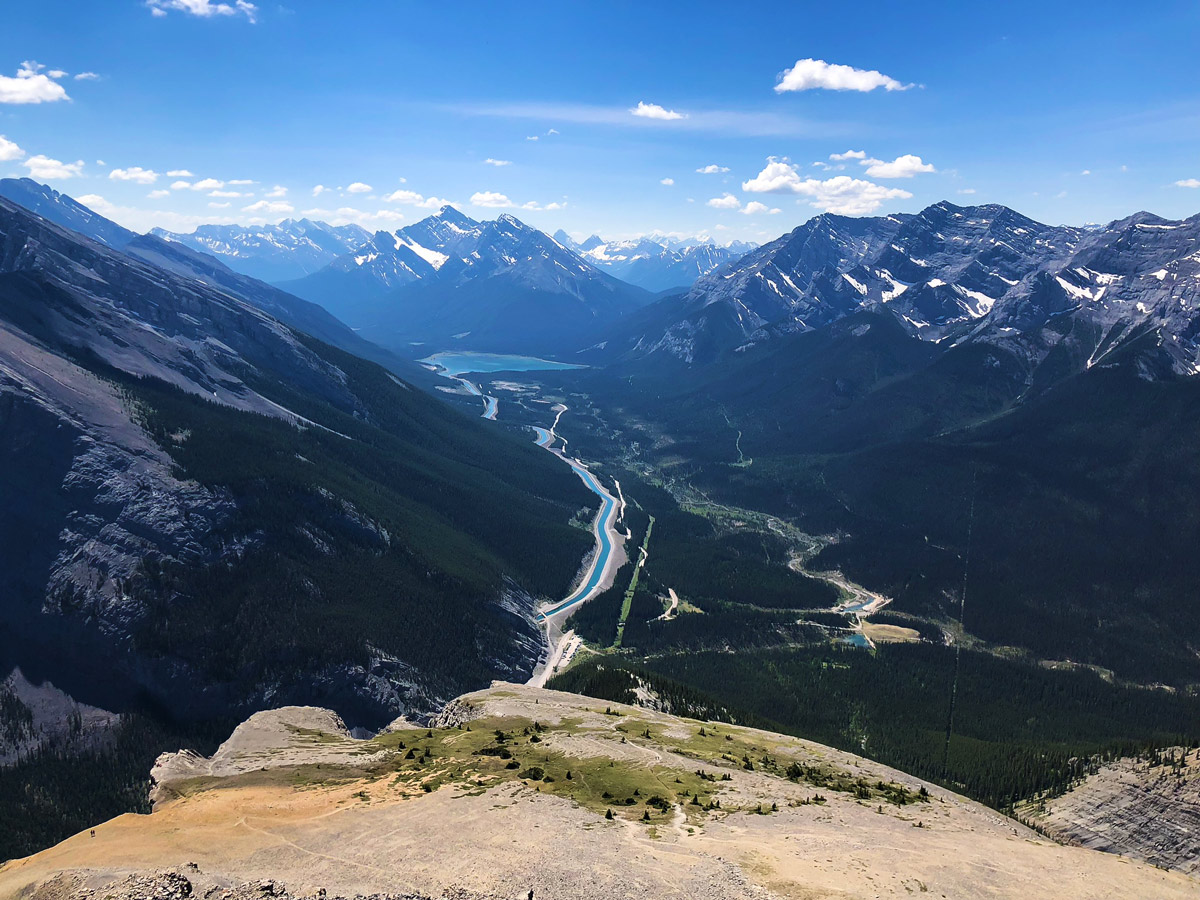 View down the valley from East End of Rundle Route (EEOR) scramble in Canmore, Alberta