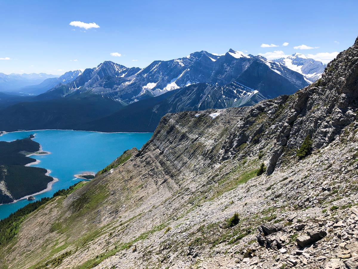 Views over Upper Kananaskis Lake on Mount Indefatigable - South Peak scramble in Kananaskis near Canmore, the Canadian Rockies