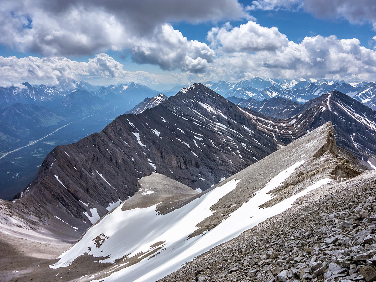 Snowy peaks on Mount James Walker scramble in Kananaskis near Canmore, the Canadian Rockies