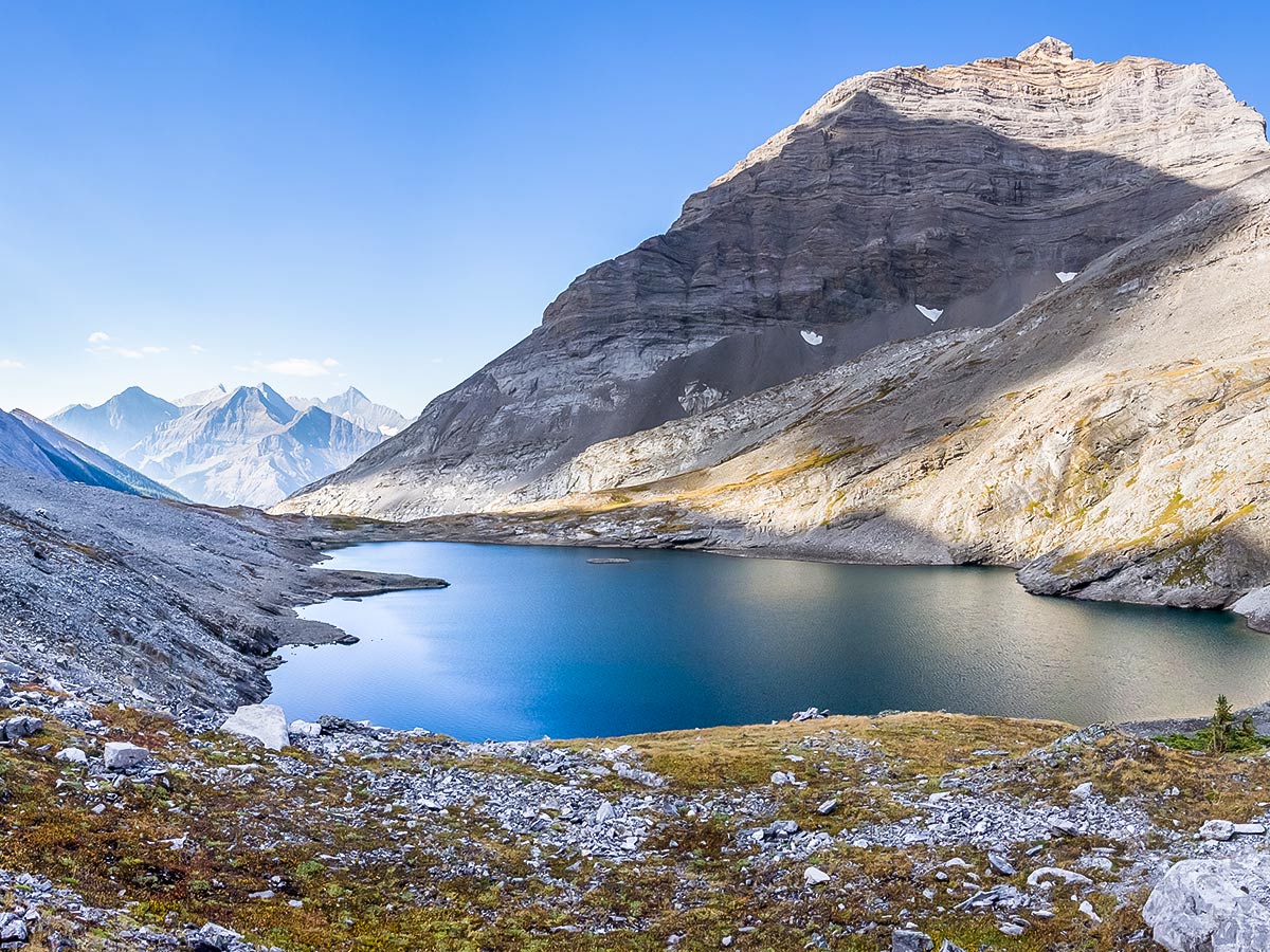 Views of Upper Headwall Lake on The Fortress scramble in Kananaskis near Canmore, the Canadian Rockies