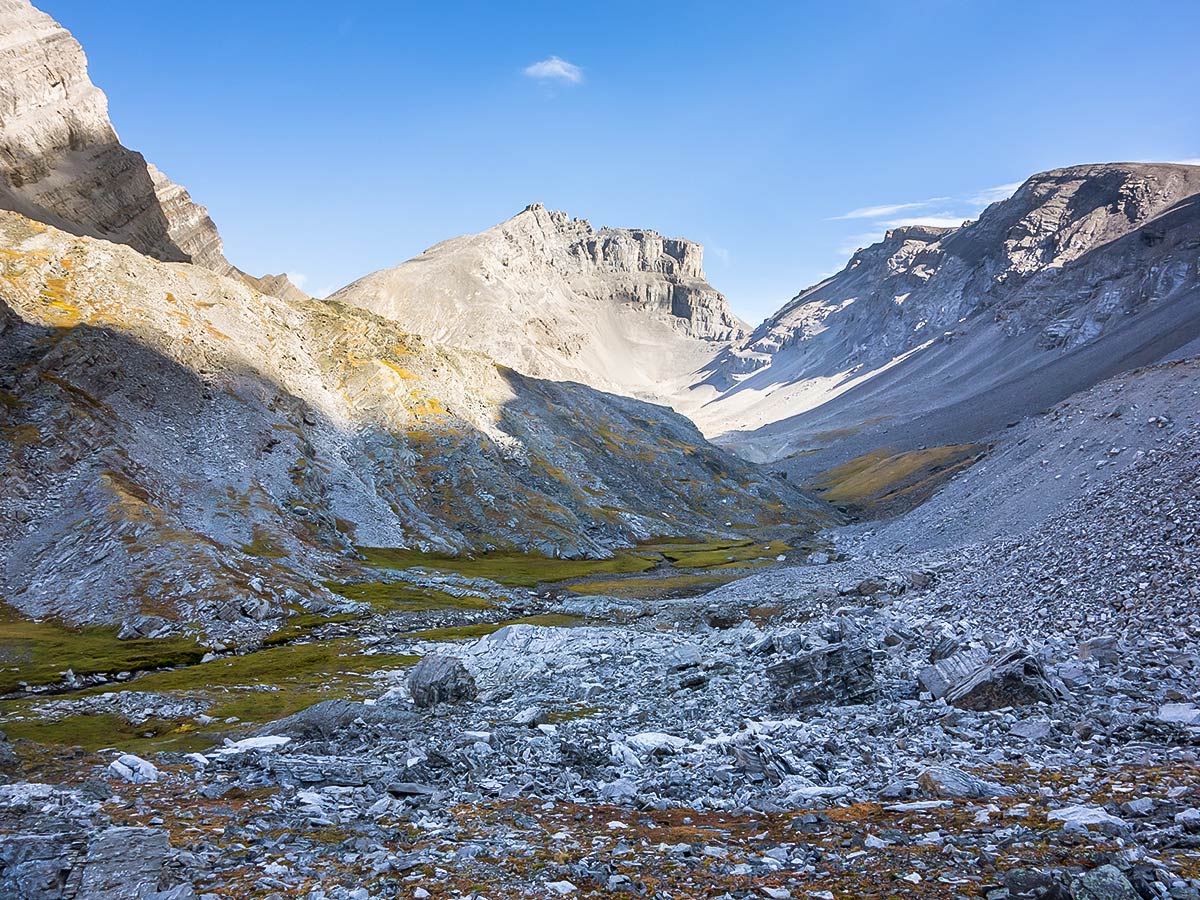 The valley above Upper Headwall Lake on The Fortress scramble in Kananaskis near Canmore, the Canadian Rockies