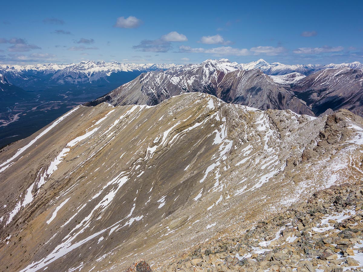 View along the ridge on Grotto Mountain scramble in Canmore, the Canadian Rockies