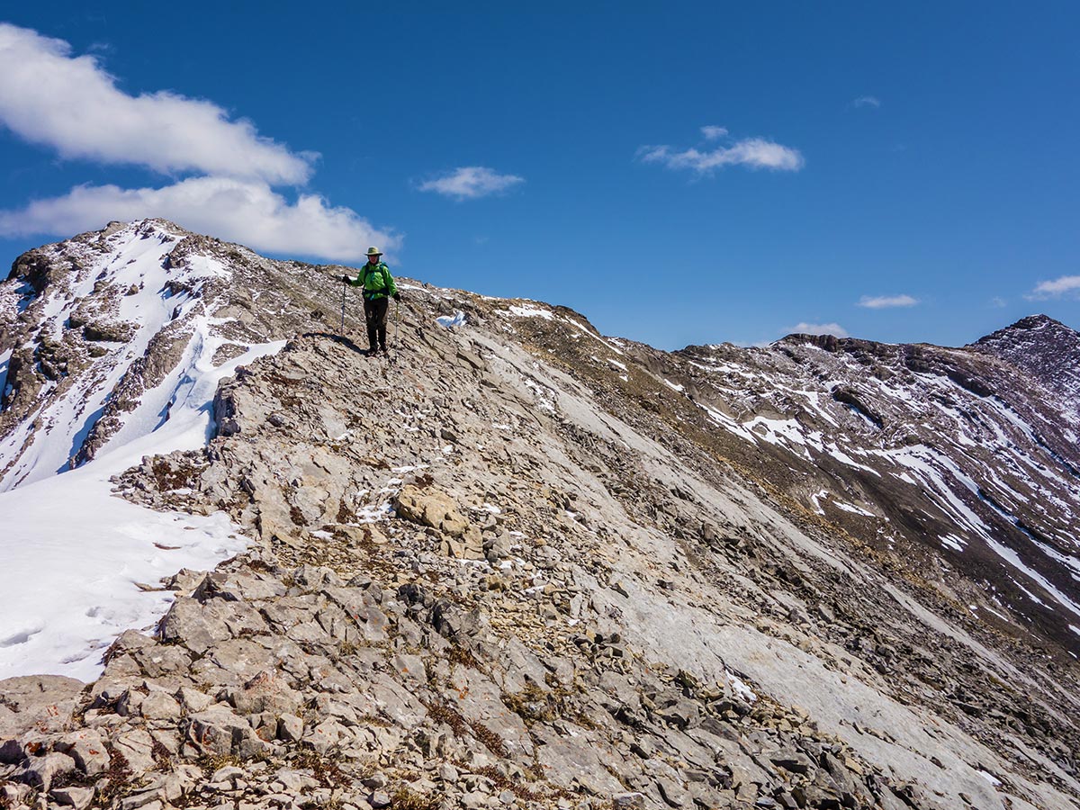 Tricky part of Grotto Mountain scramble in Canmore, the Canadian Rockies