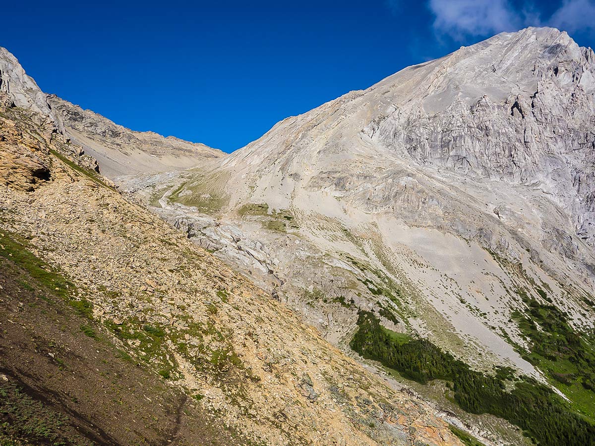 Trail through the scree on Mist Mountain scramble in Kananaskis near Canmore, the Canadian Rockies