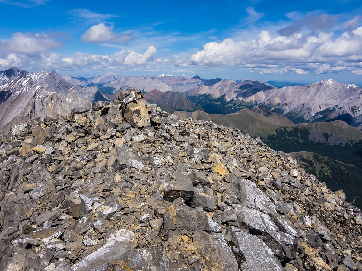 Summit cairn of Mist Mountain scramble in Kananaskis near Canmore, the Canadian Rockies