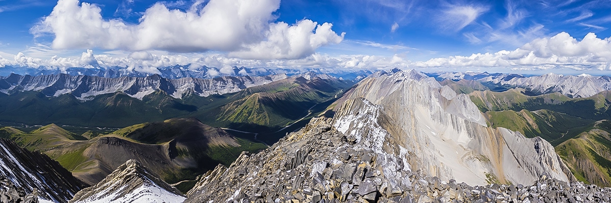 Summit panorama of Mist Mountain scramble in Kananaskis near Canmore, the Canadian Rockies