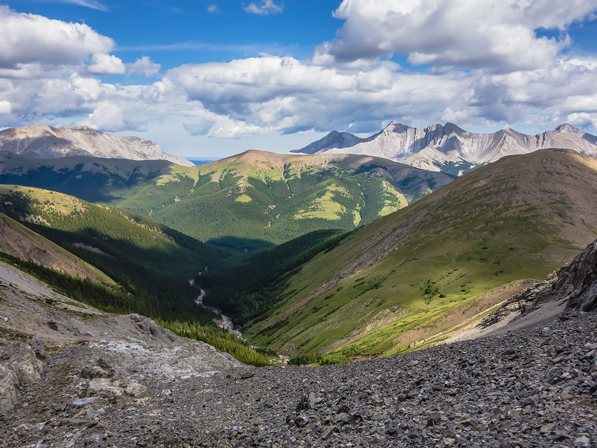 Mist Ridge (center) and Nameless Ridge (right) from Mist Mountain scramble in Kananaskis near Canmore, the Canadian Rockies