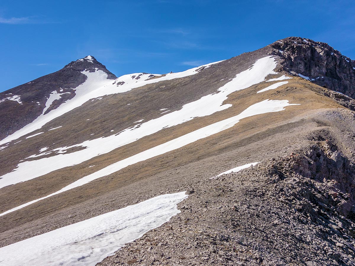 Approaching the summit of Mount Howard scramble in Kananaskis near Canmore, the Canadian Rockies