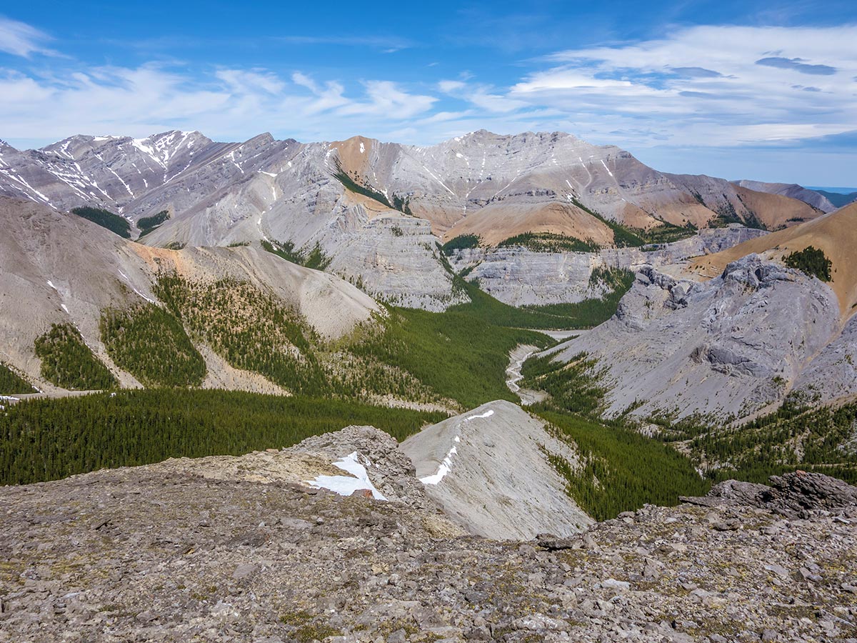 Hiking down the ridge on Mount Howard scramble in Kananaskis near Canmore, the Canadian Rockies