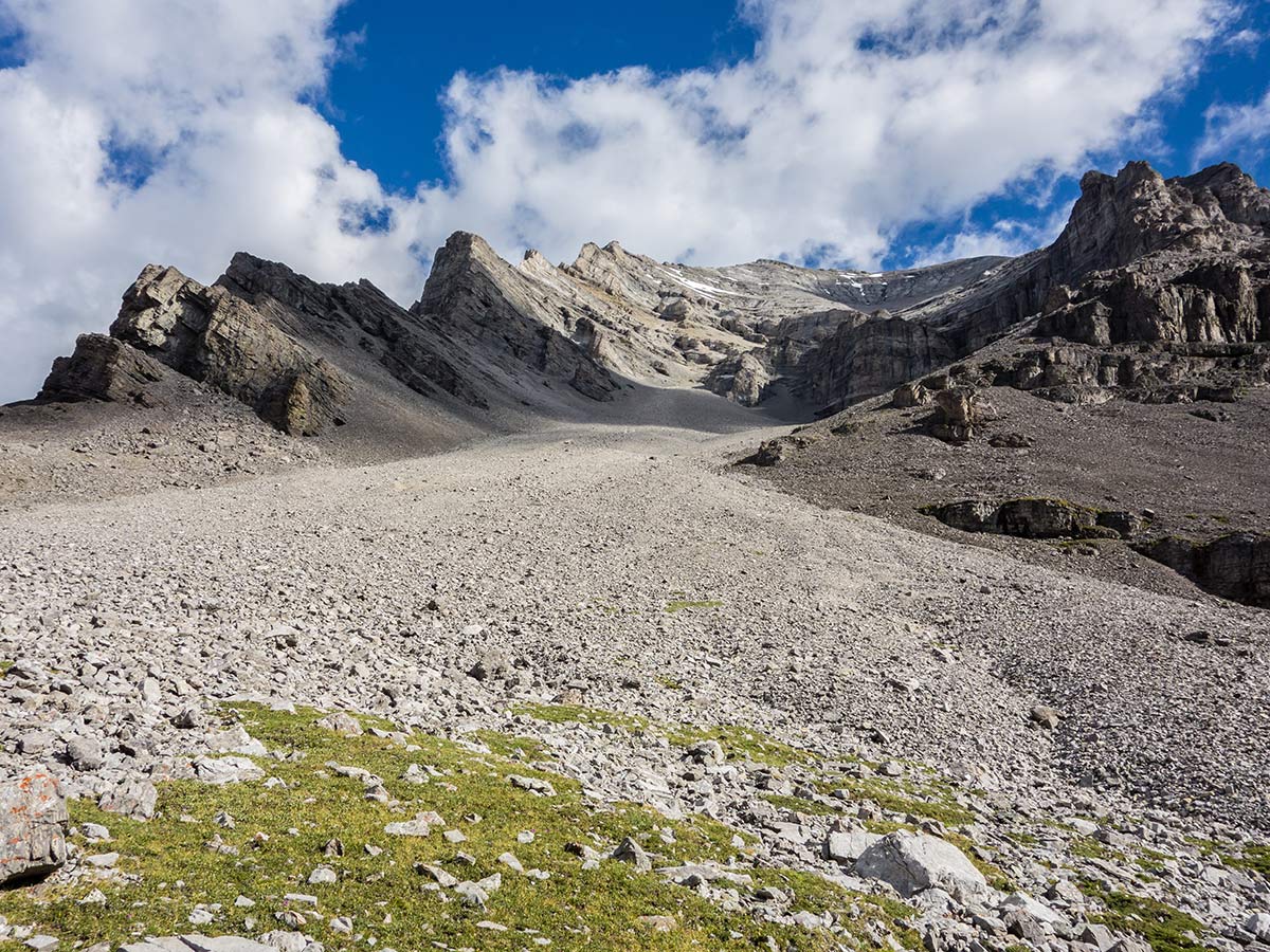 View of the ascent route on Mount Lougheed scramble in Kananaskis near Canmore, the Canadian Rockies