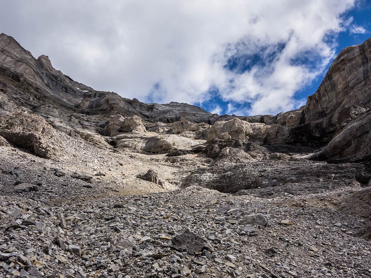 Dark patch on Mount Lougheed scramble in Kananaskis near Canmore, the Canadian Rockies