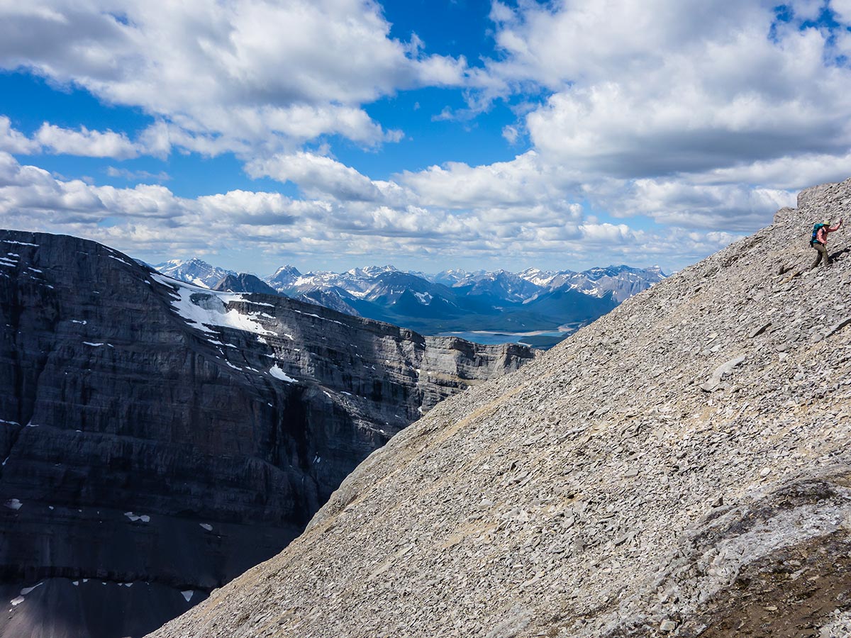 Hiking up the scree on Mount Lougheed scramble in Kananaskis near Canmore, the Canadian Rockies