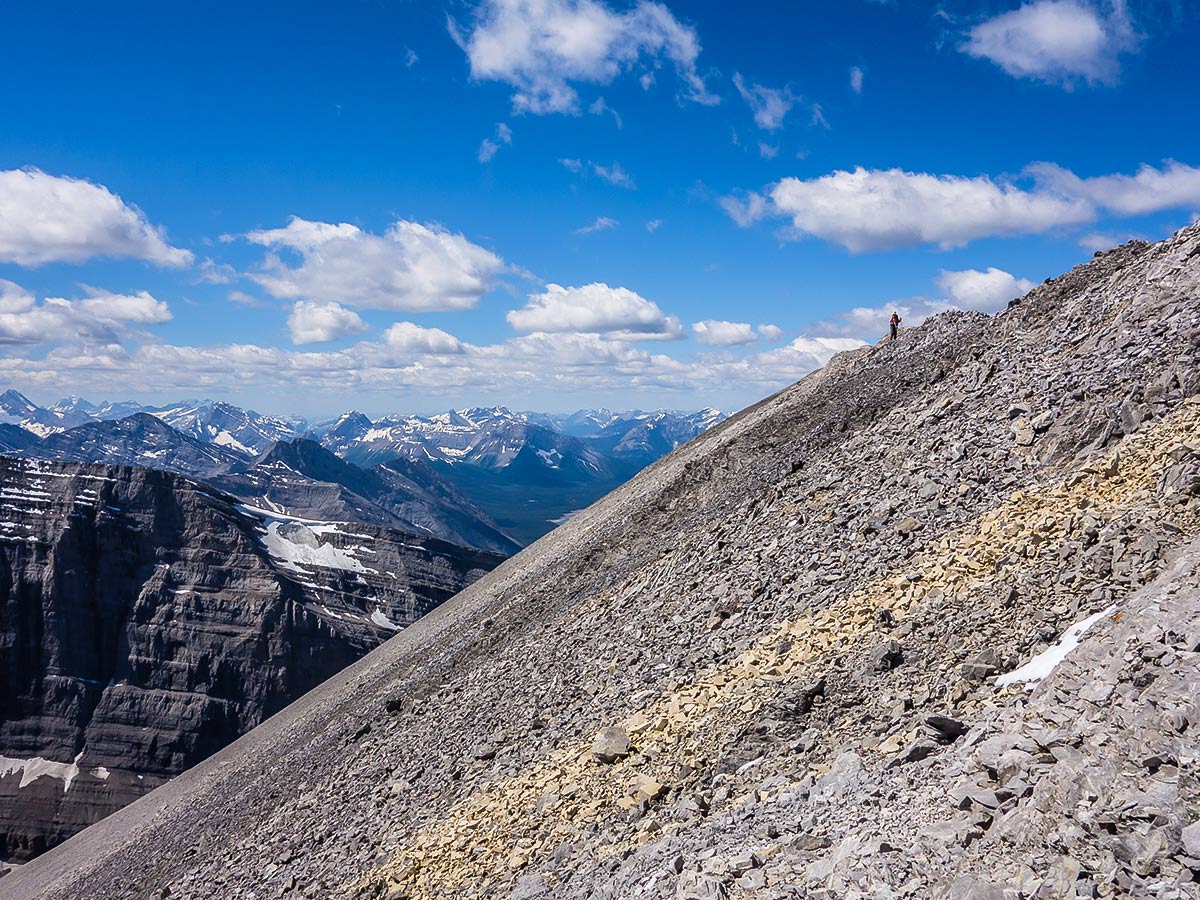 Great scenery on the summit ridge of Mount Lougheed scramble in Kananaskis near Canmore, the Canadian Rockies