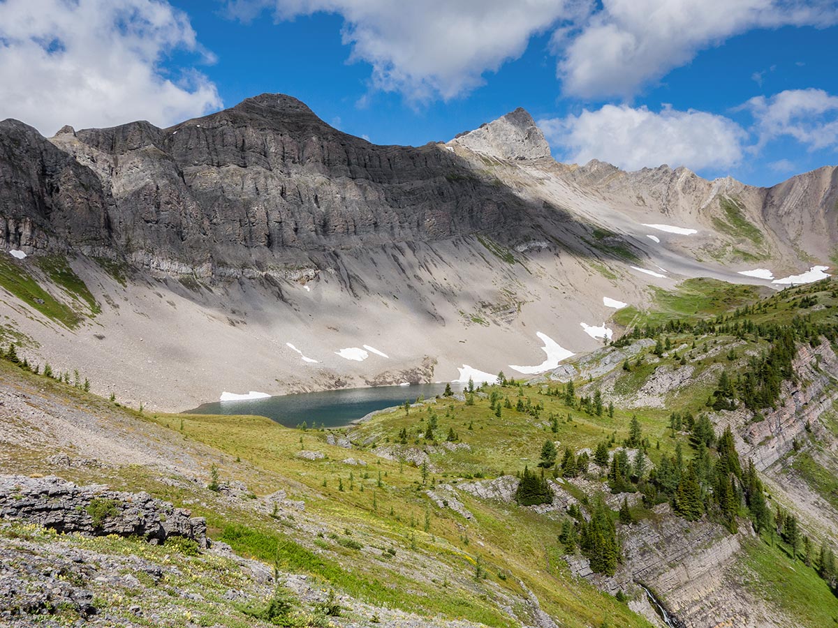 Upper Birdwood Lake and Smutwood Peak on Smutwood Peak scramble in Kananaskis near Canmore, the Canadian Rockies