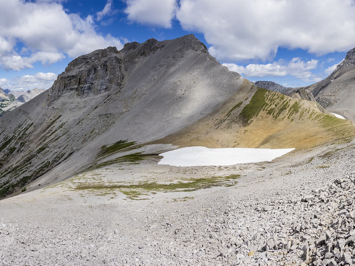 Plateau below the summit of Smutwood Peak scramble in Kananaskis near Canmore, the Canadian Rockies