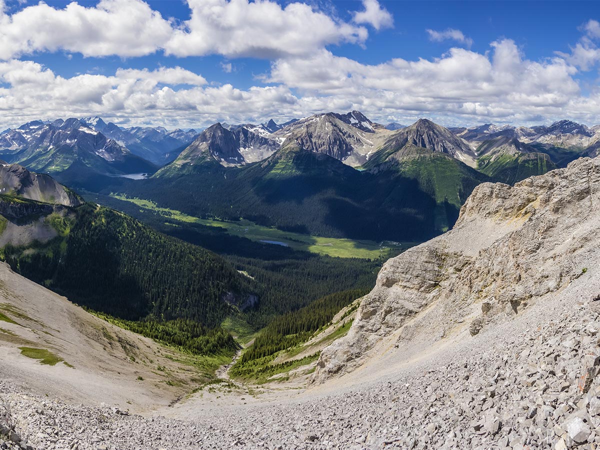 Panorama to the west on Smutwood Peak scramble in Kananaskis near Canmore, the Canadian Rockies