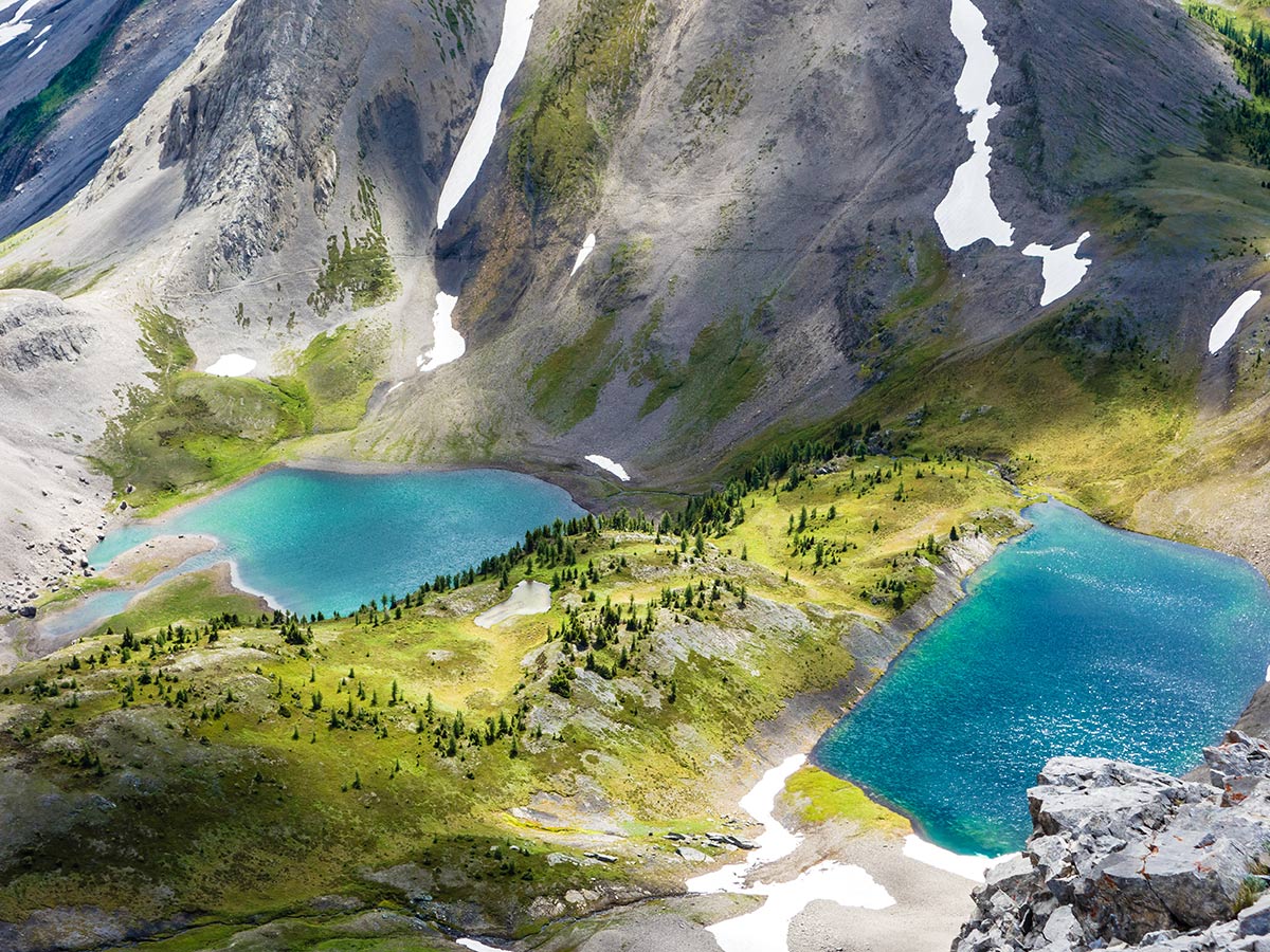 Birdwood Lakes from the above on Smutwood Peak scramble in Kananaskis near Canmore, the Canadian Rockies