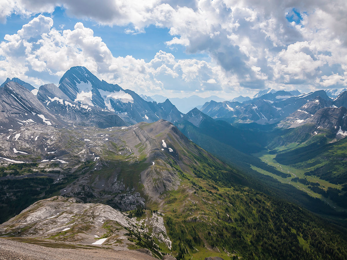 View down on Burstall Pass on Snow Peak scramble in Kananaskis near Canmore, the Canadian Rockies