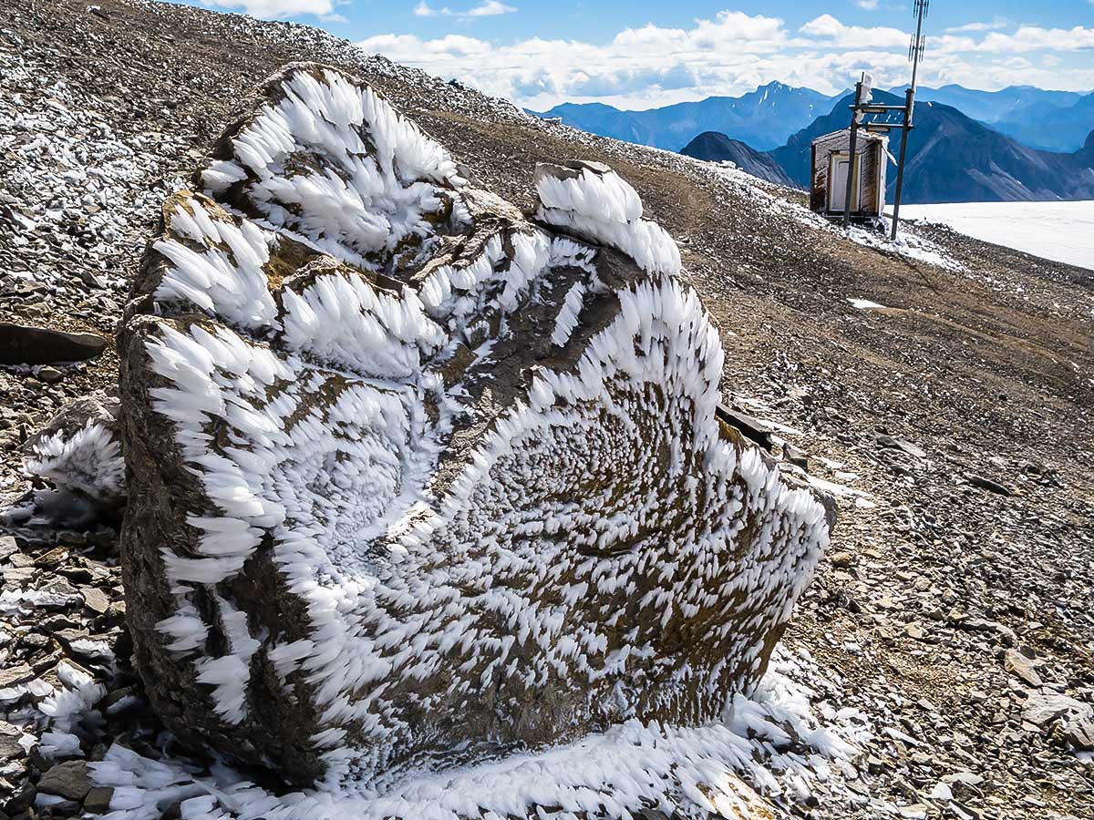 Icy rock on Mount Sparrowhawk scramble in Kananaskis near Canmore, the Canadian Rockies