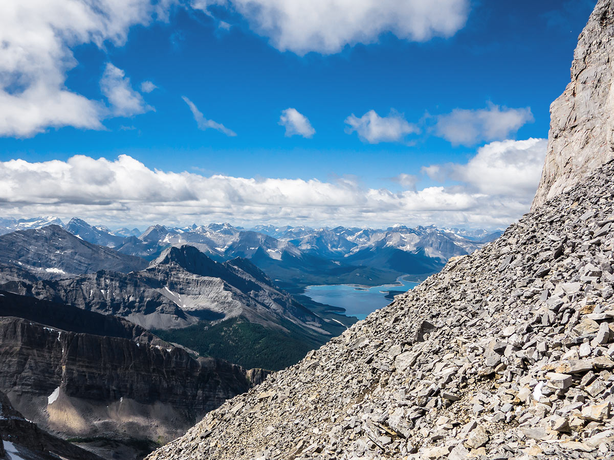 Great views of Spray Lakes on Mount Sparrowhawk scramble in Kananaskis near Canmore, the Canadian Rockies