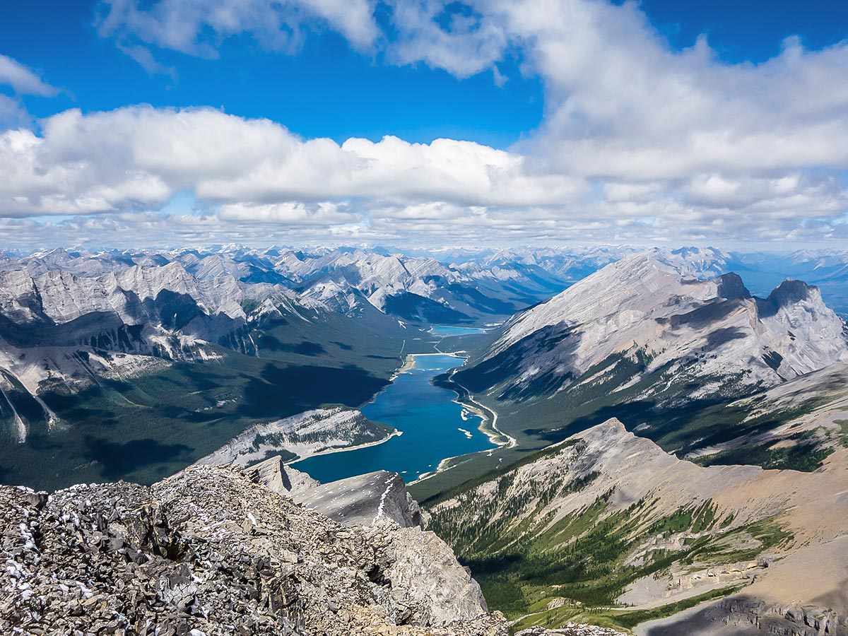 Views down on Mount Sparrowhawk scramble in Kananaskis near Canmore, the Canadian Rockies