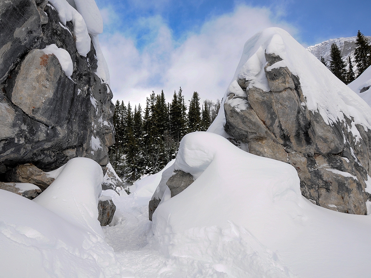 Elephant Rocks on Chester Lake snowshoe trail in Kananaskis near Canmore