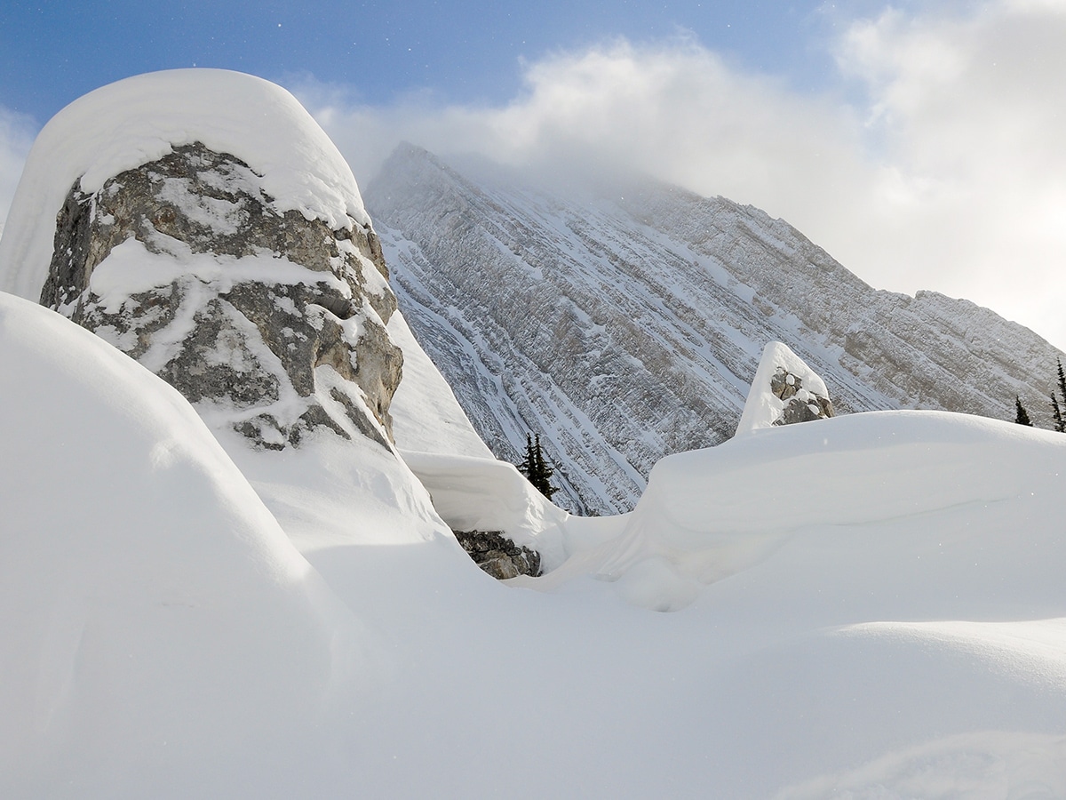 Elephant Rocks and Mount Chester on Chester Lake snowshoe trail in Kananaskis near Canmore