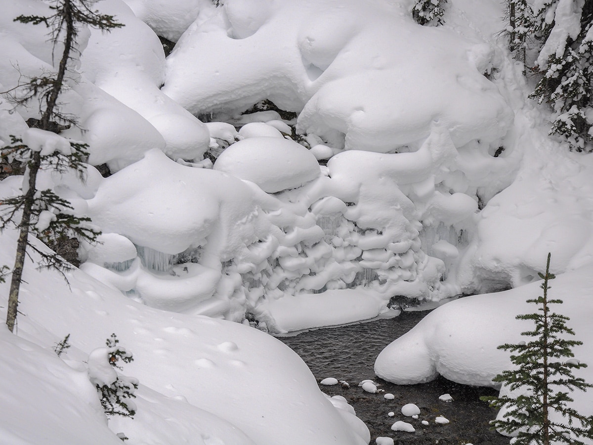 Waterfall on Commonwealth Ridge snowshoe trail in Kananaskis near Canmore